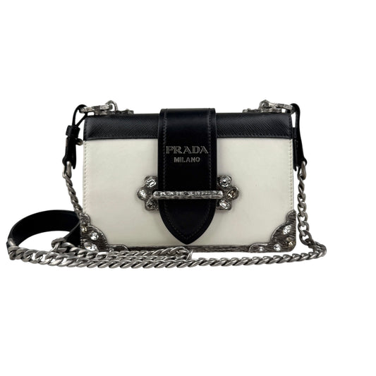 Prada White/Black Saffiano and Leather Crystal Embellished Cahier Crossbody Bag