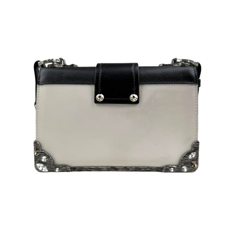 Prada White/Black Saffiano and Leather Crystal Embellished Cahier Crossbody Bag