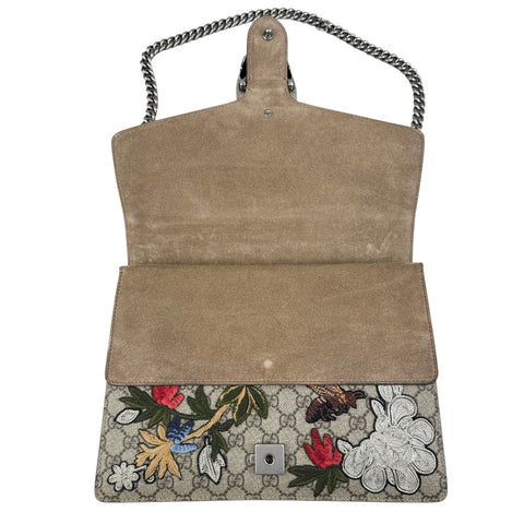 Gucci Beige Embroidered GG Supreme Canvas & Brown Suede Medium Dionysus