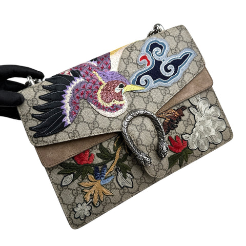 Gucci Beige Embroidered GG Supreme Canvas & Brown Suede Medium Dionysus