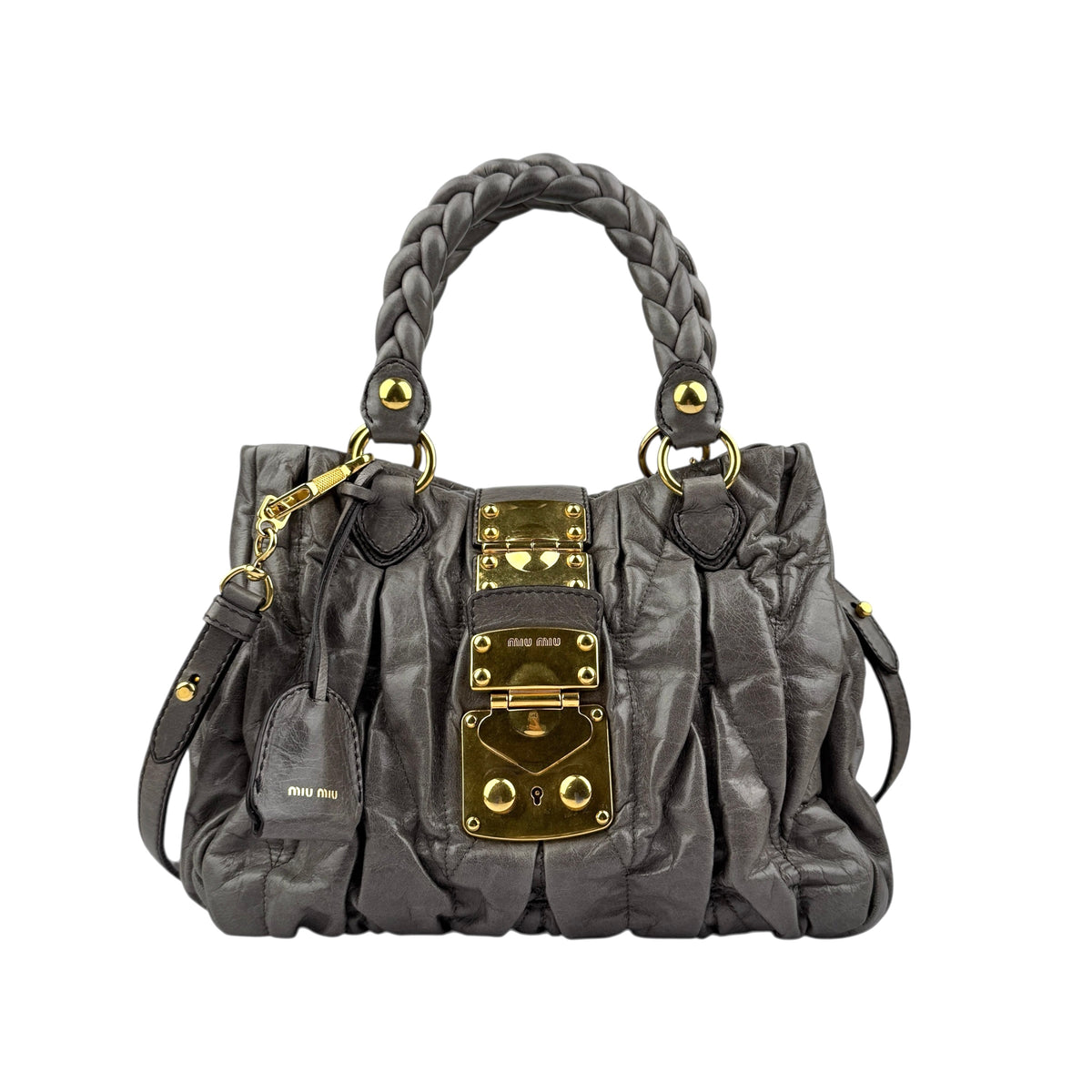 MIU MIU Matelasse Handbag Shoulder Bag Gathered Leather Gray