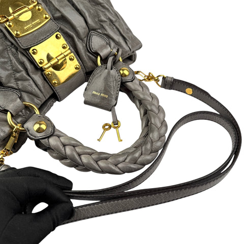MIU MIU Matelasse Handbag Shoulder Bag Gathered Leather Gray