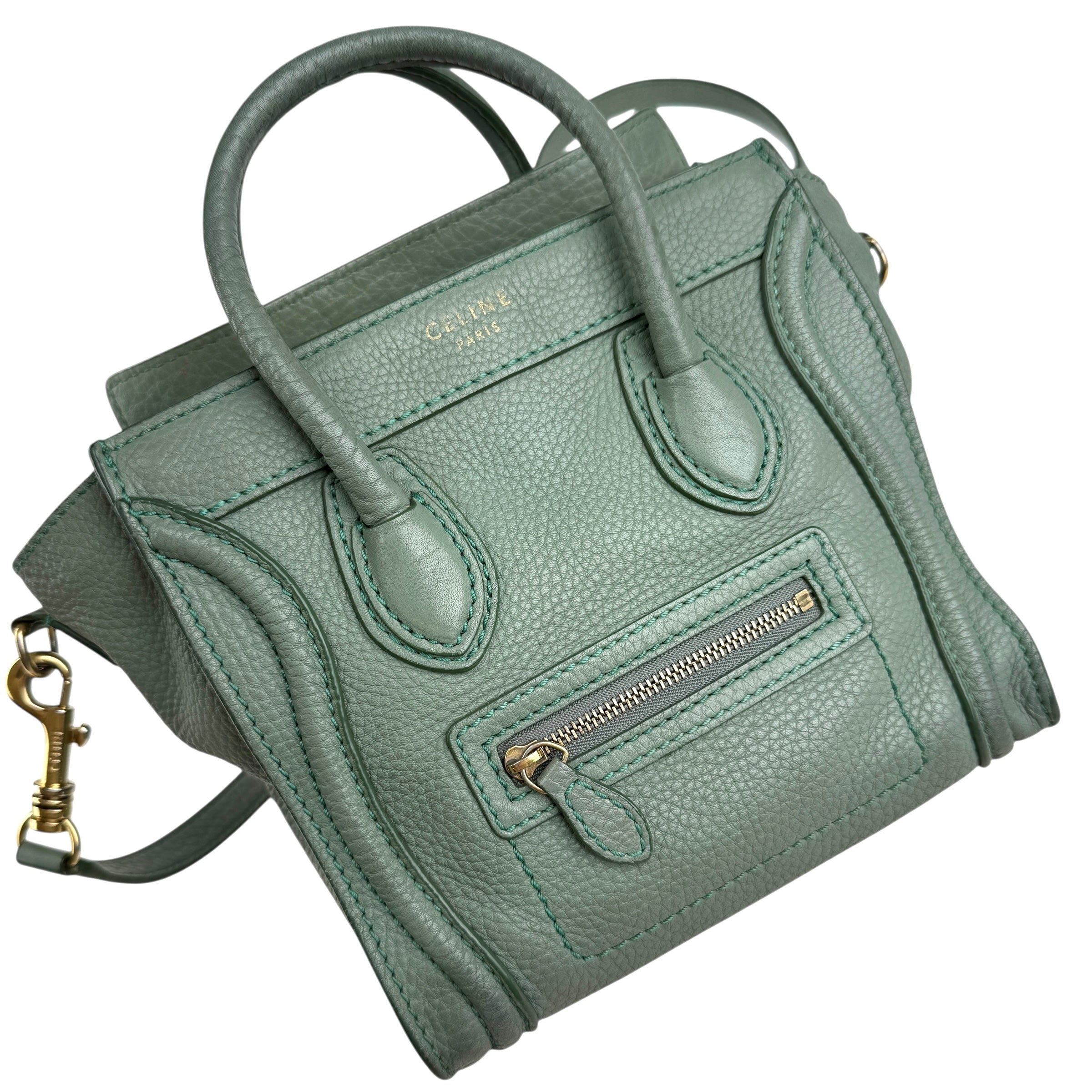 Pre-owned celine-nano-luggage-crossbody-bag-pebble-green-front-view