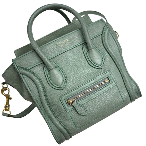 Pre-owned celine-nano-luggage-crossbody-bag-pebble-green-front-view