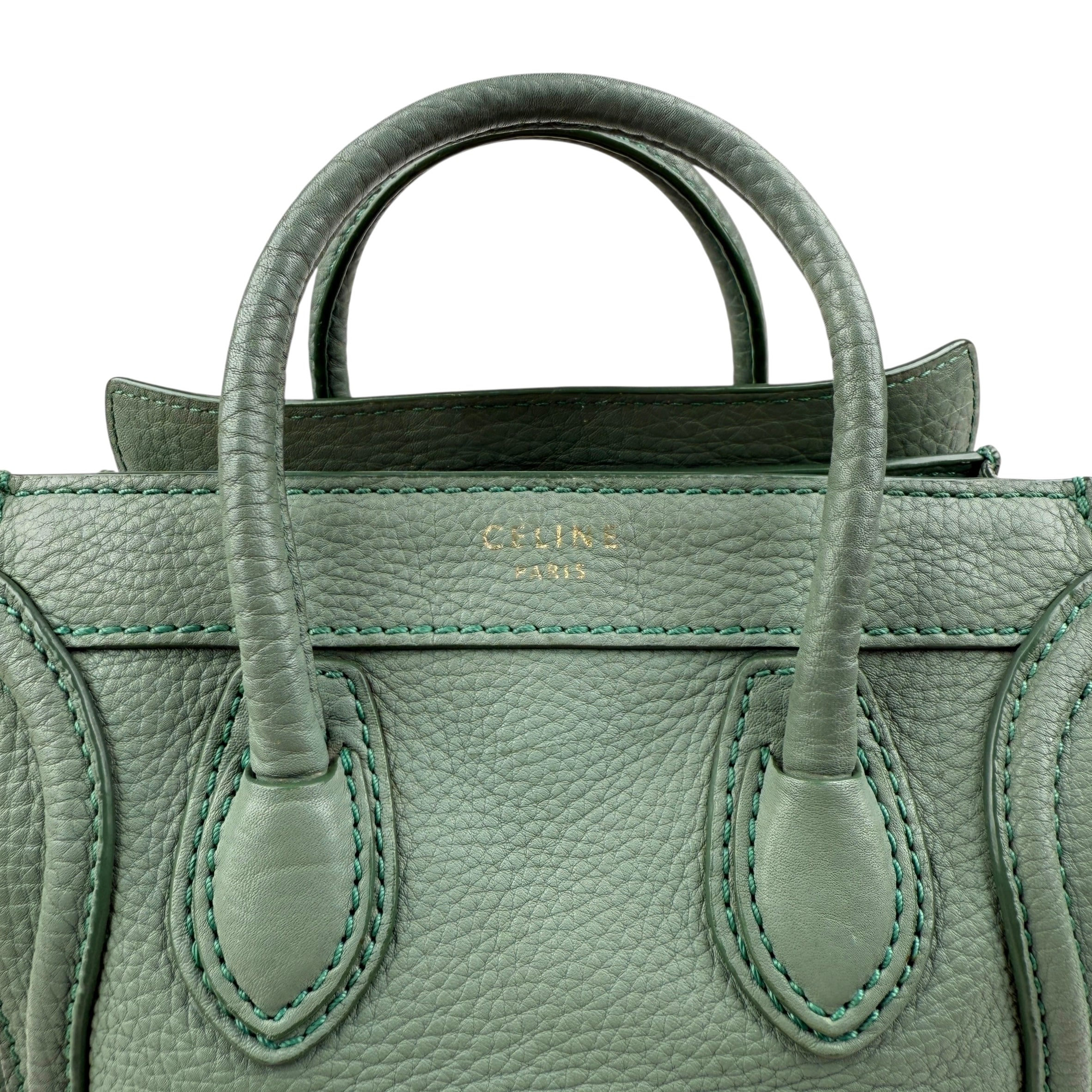 Pre-owned celine-nano-luggage-crossbody-bag-pebble-green-front-view
