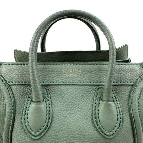 Pre-owned celine-nano-luggage-crossbody-bag-pebble-green-front-view
