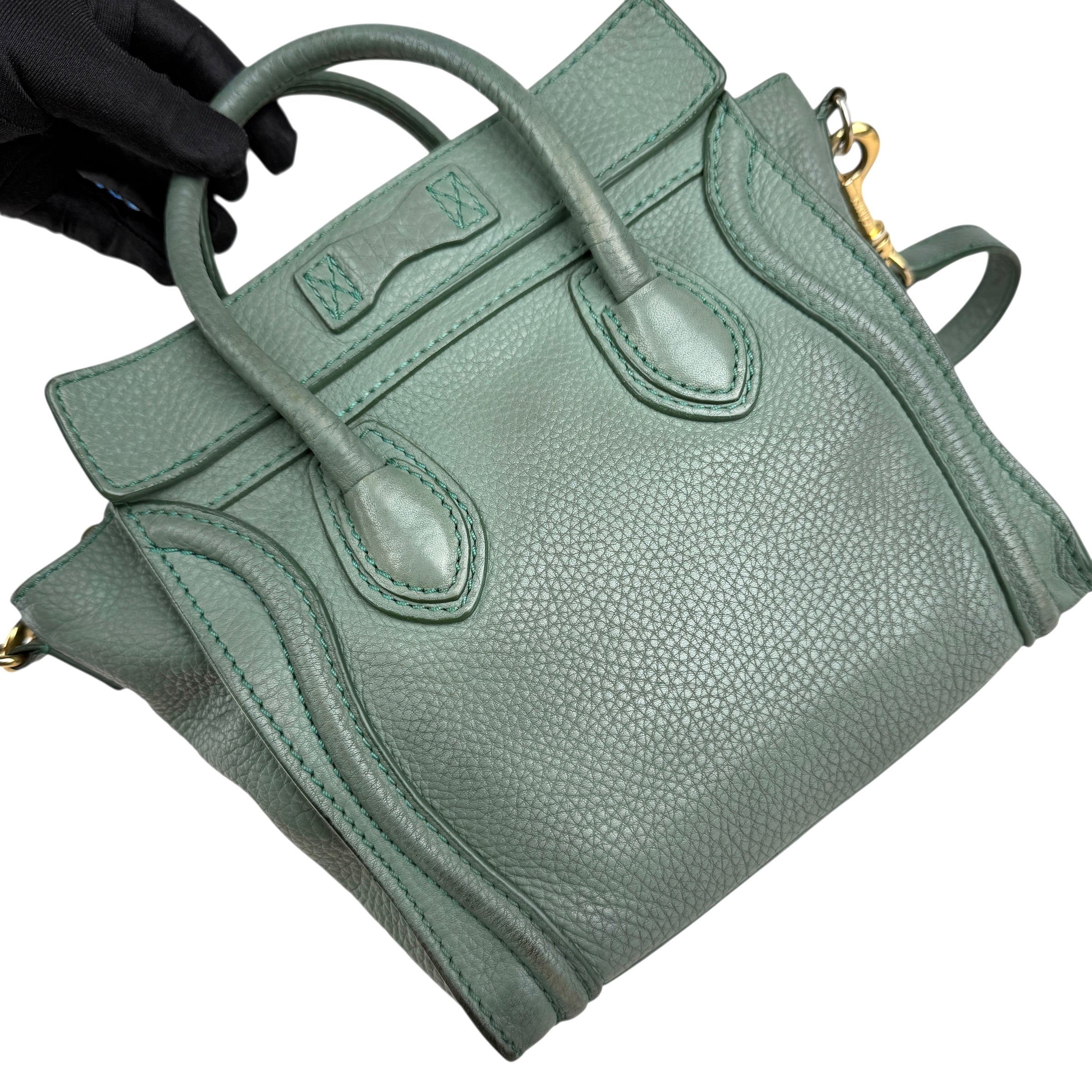 Pre-owned celine-nano-luggage-crossbody-bag-pebble-green-front-view