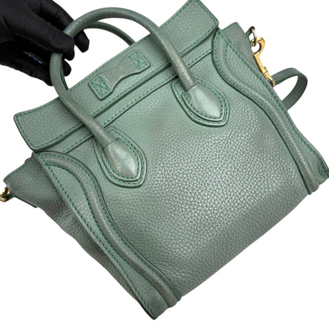 Pre-owned celine-nano-luggage-crossbody-bag-pebble-green-front-view
