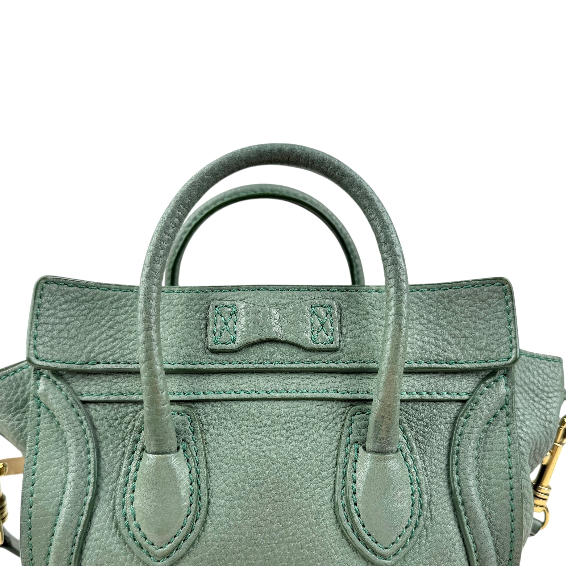 Pre-owned celine-nano-luggage-crossbody-bag-pebble-green-front-view