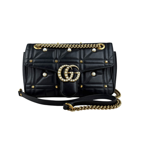 Gucci Black Leather GG Marmont Pearly Shoulder Bag