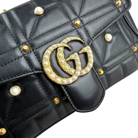 Gucci Black Leather GG Marmont Pearly Shoulder Bag