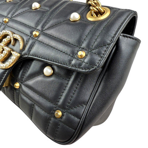 Gucci Black Leather GG Marmont Pearly Shoulder Bag