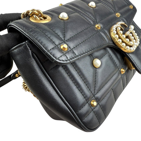 Gucci Black Leather GG Marmont Pearly Shoulder Bag