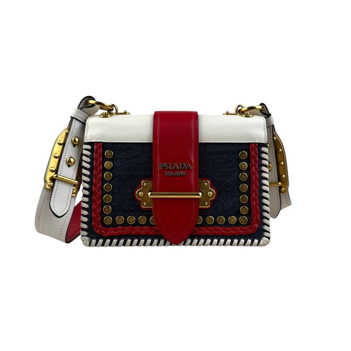 Prada Cahier Crossbody Bag Embellished Denim Leather