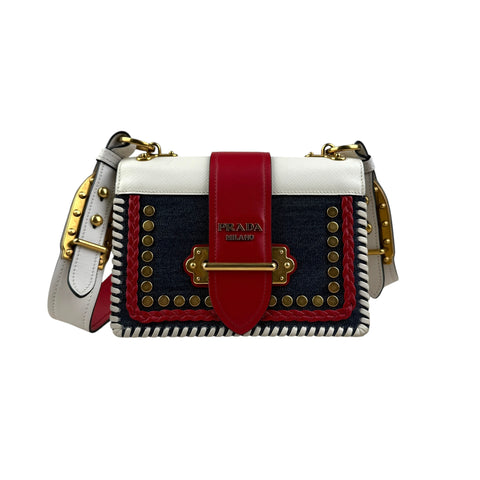 Prada Cahier Crossbody Bag Embellished Denim Leather
