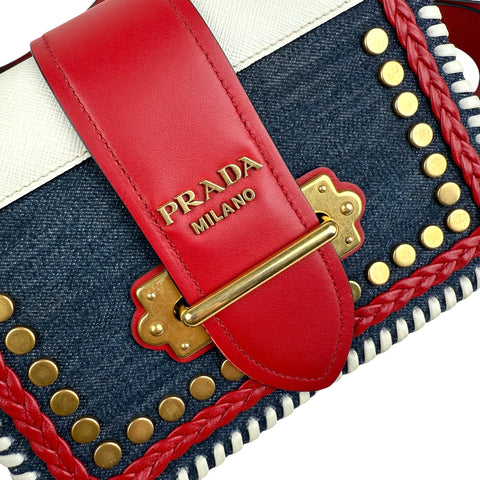Prada Cahier Crossbody Bag Embellished Denim Leather