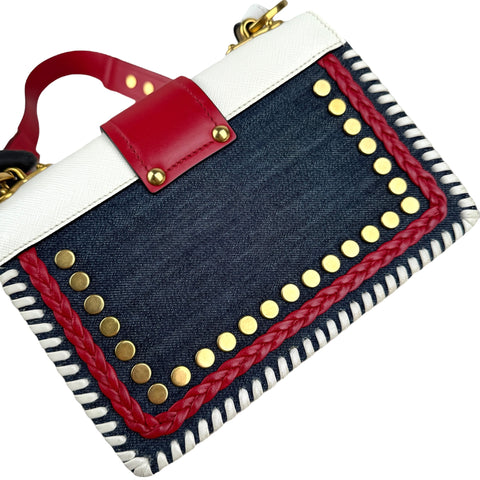 Prada Cahier Crossbody Bag Embellished Denim Leather