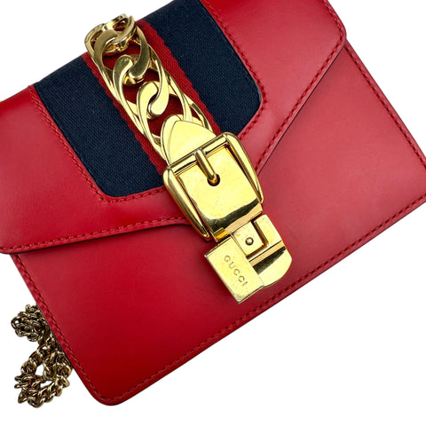 Gucci Sylvie Mini Chain Shoulder Bag Red Leather