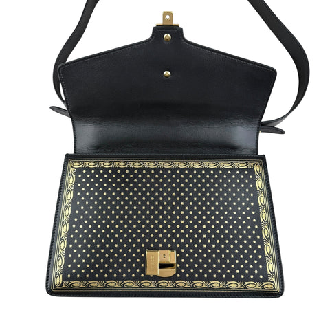Gucci Sylvie Black Sms Print Leather Shoulder Bag