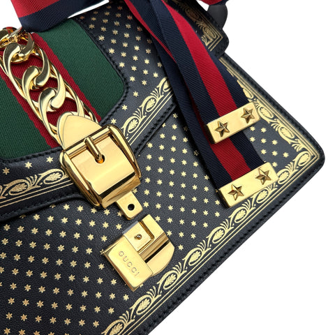 Gucci Sylvie Black Sms Print Leather Shoulder Bag