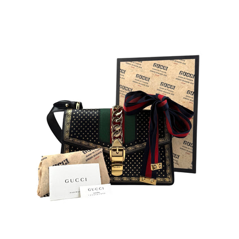 Gucci Sylvie Black Sms Print Leather Shoulder Bag
