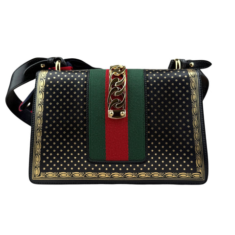Gucci Sylvie Black Sms Print Leather Shoulder Bag