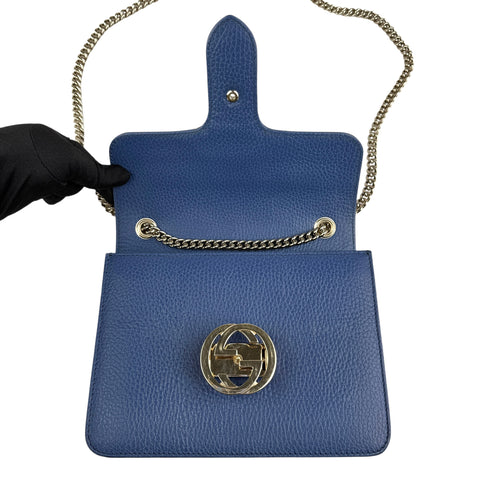 Pre-owned gucci-blue-leather-medium-interlocking-gg-shoulder-bag-front