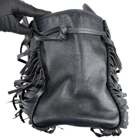 Prada Leather Fringe Twin Pocket Tote Black