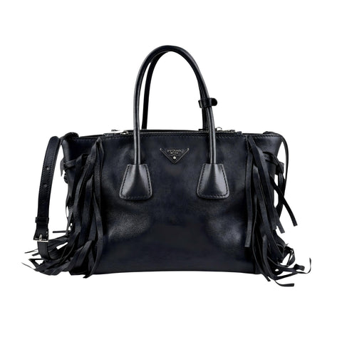Prada Leather Fringe Twin Pocket Tote Black