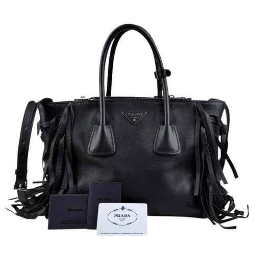 Prada Leather Fringe Twin Pocket Tote Black