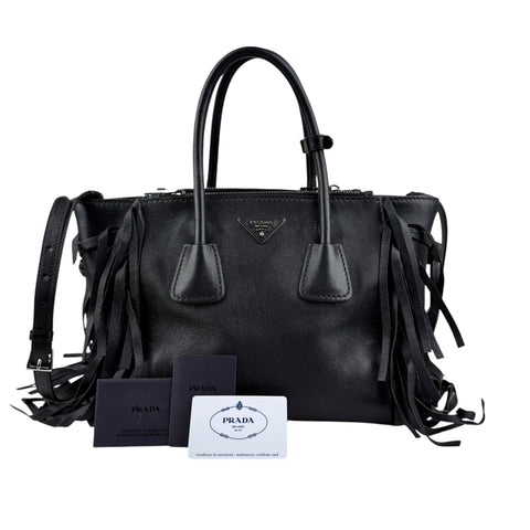 Prada Leather Fringe Twin Pocket Tote Black
