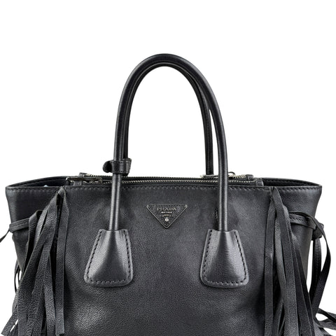 Prada Leather Fringe Twin Pocket Tote Black