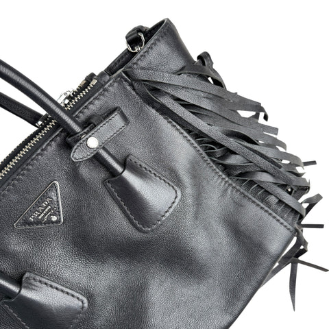 Prada Leather Fringe Twin Pocket Tote Black