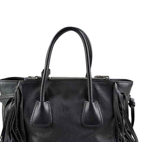 Prada Leather Fringe Twin Pocket Tote Black
