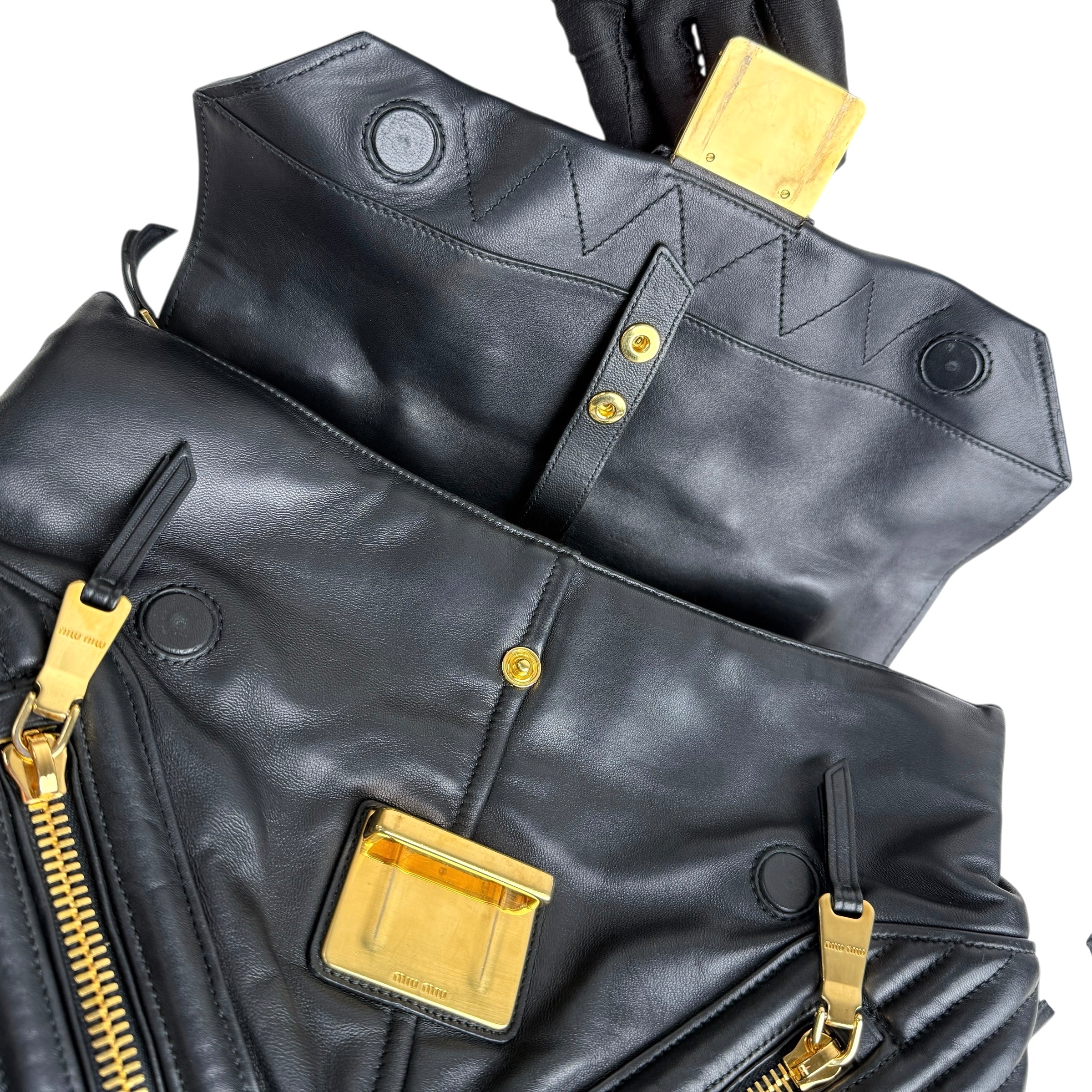 Pre-owned miu-miu-black-quilted-leather-biker-top-handle-bag-front