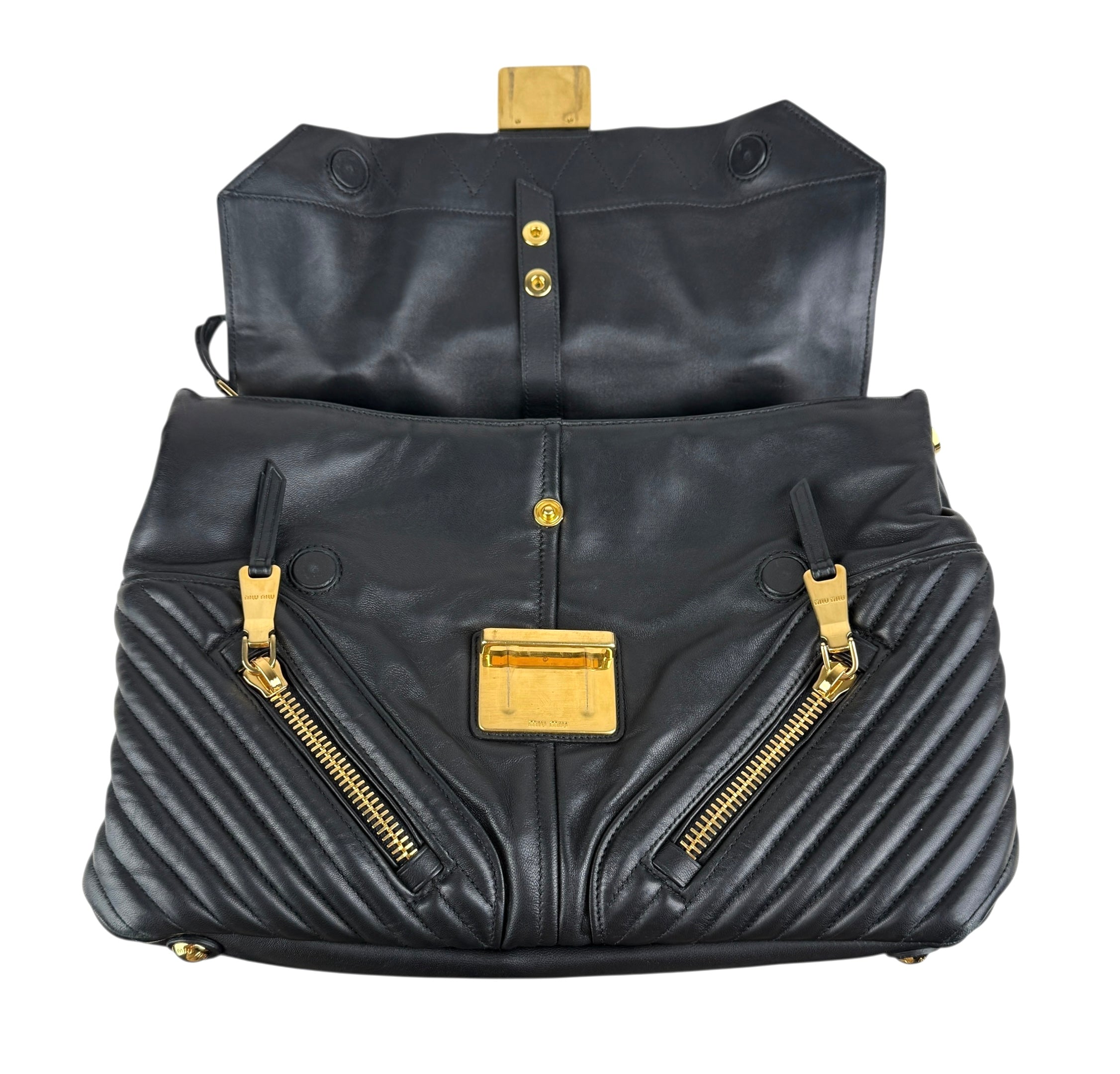 Pre-owned miu-miu-black-quilted-leather-biker-top-handle-bag-front