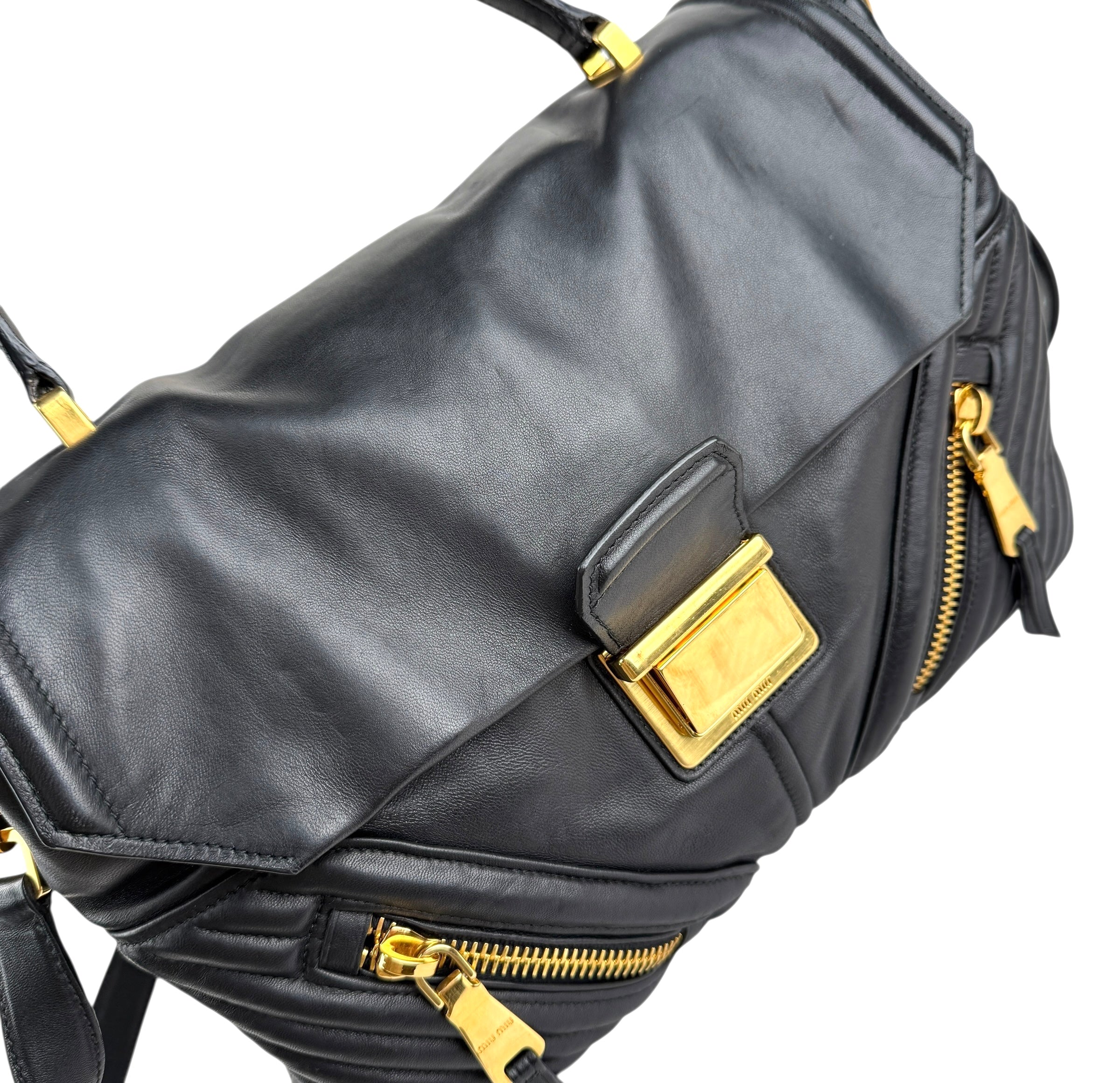 Pre-owned miu-miu-black-quilted-leather-biker-top-handle-bag-front