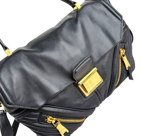 Pre-owned miu-miu-black-quilted-leather-biker-top-handle-bag-front