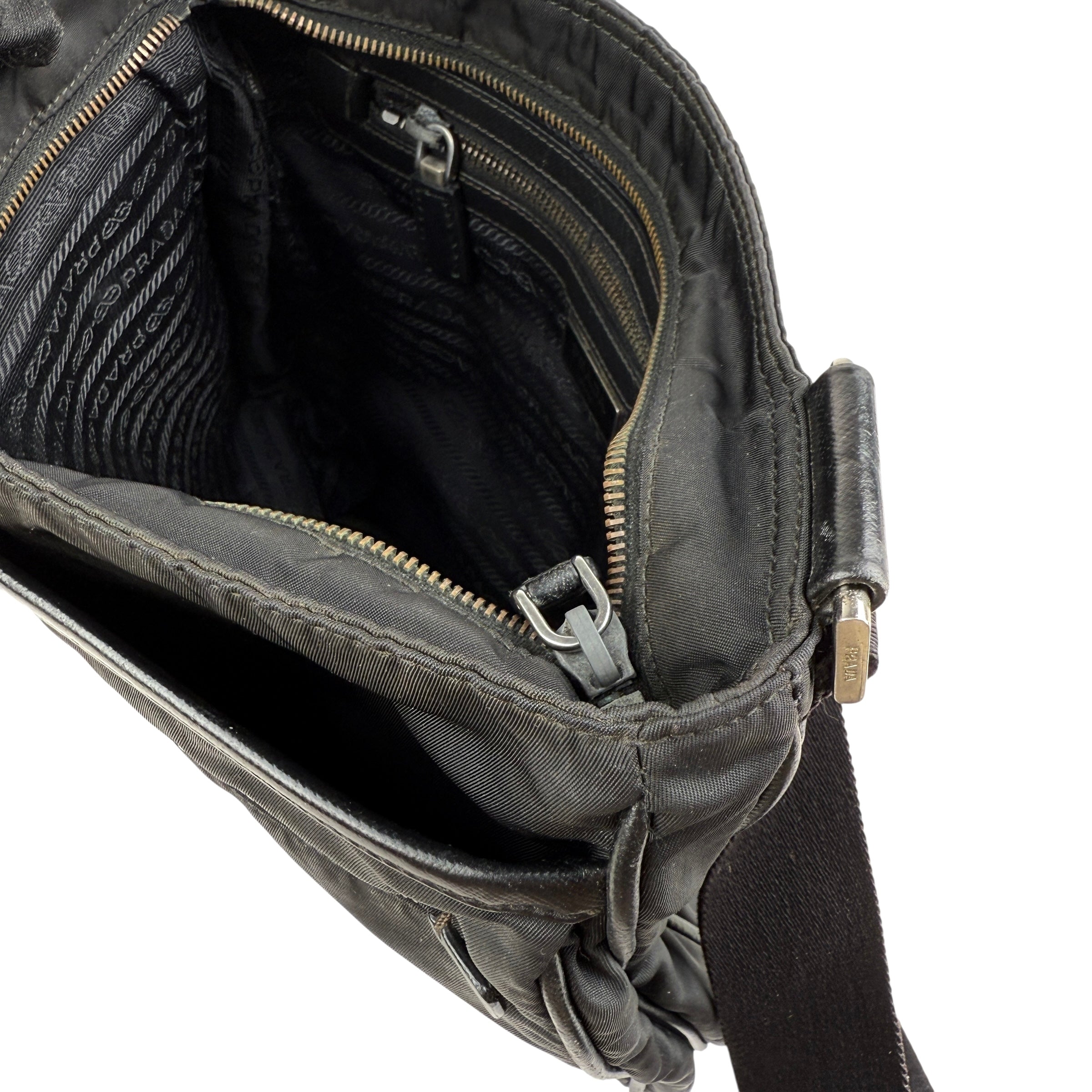 Pre-owned prada-milano-black-re-nylon-saffiano-leather-crossbody-shoulder-bag-front