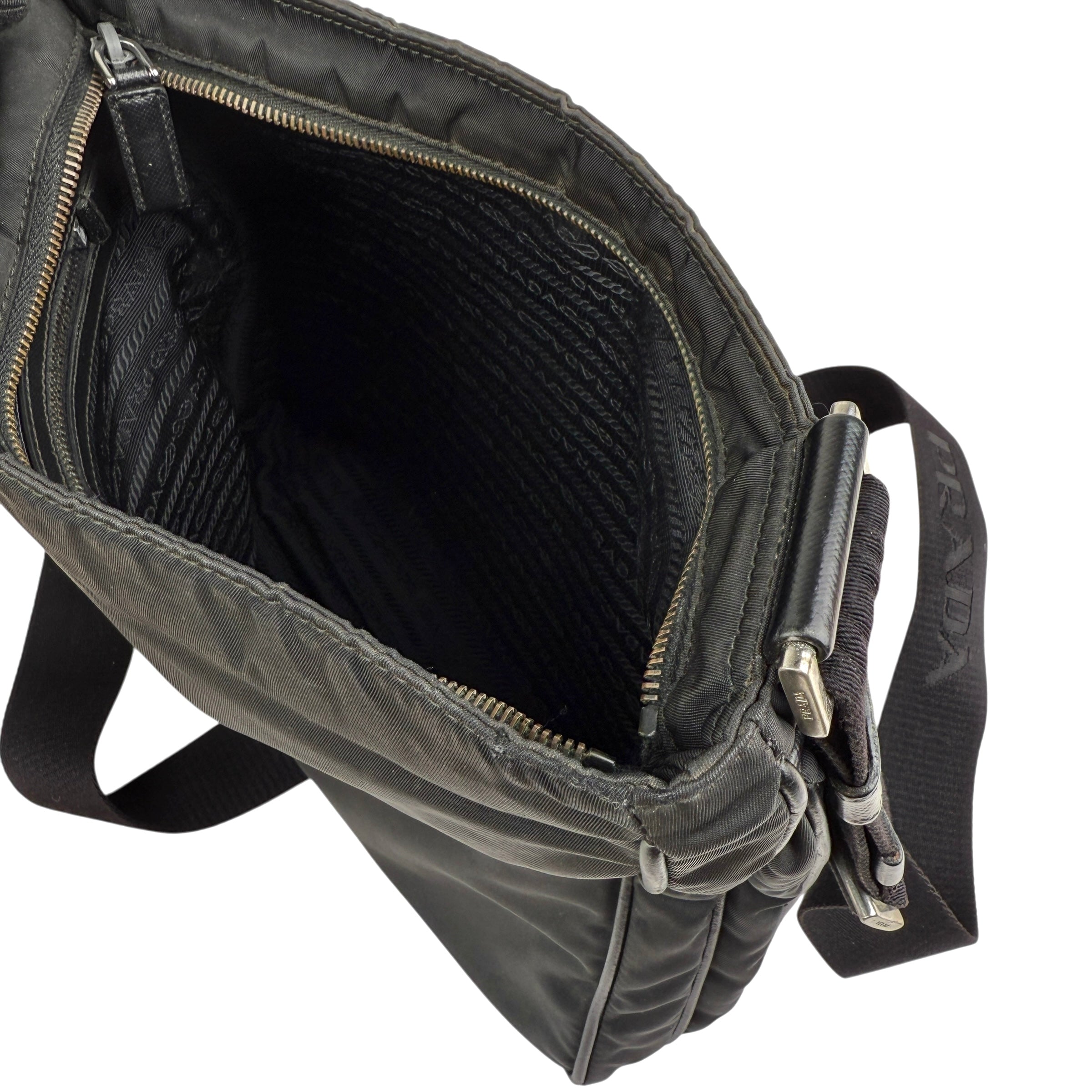Pre-owned prada-milano-black-re-nylon-saffiano-leather-crossbody-shoulder-bag-front
