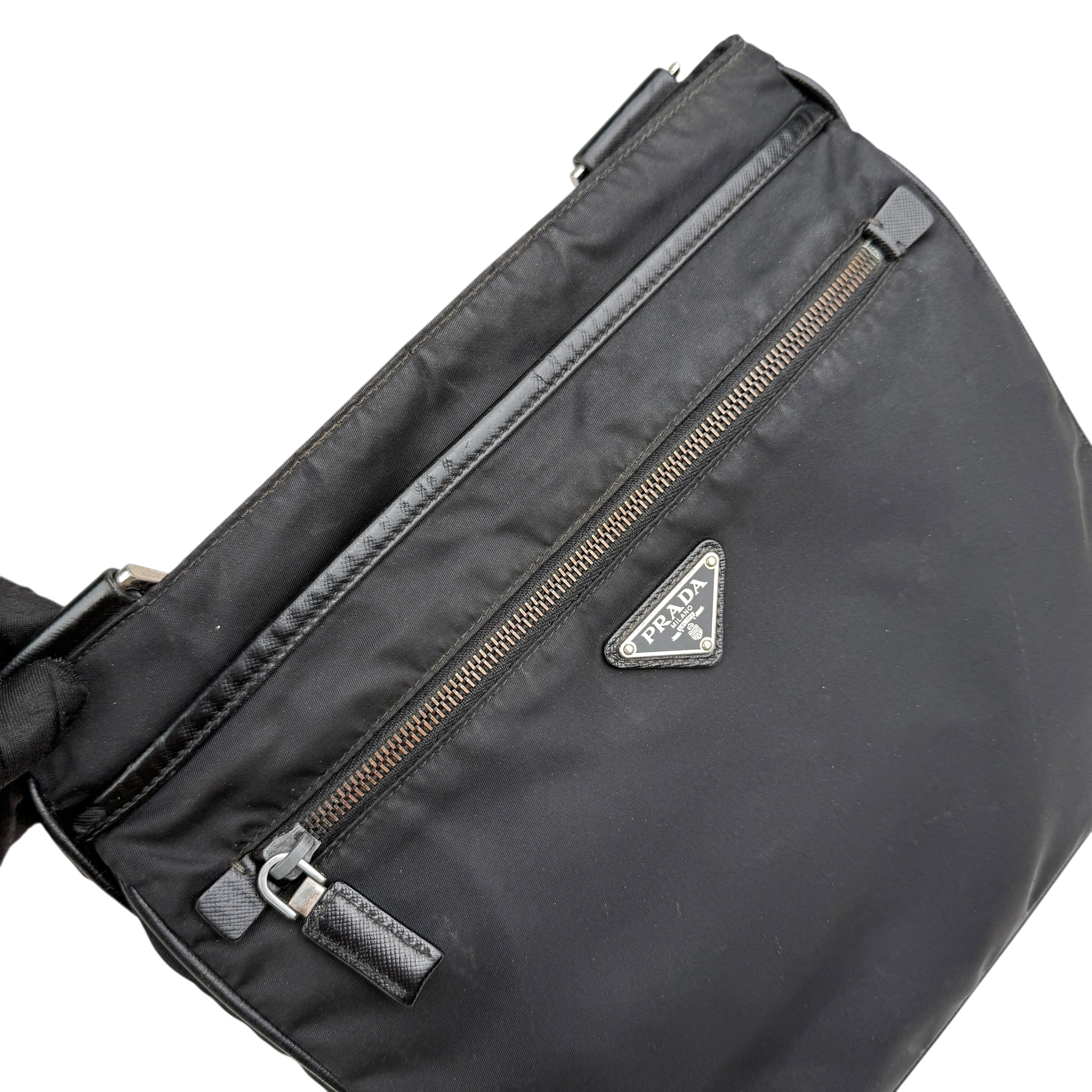 Pre-owned prada-milano-black-re-nylon-saffiano-leather-crossbody-shoulder-bag-front