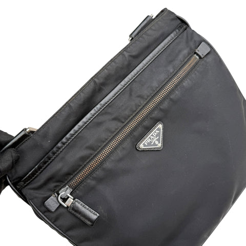 Pre-owned prada-milano-black-re-nylon-saffiano-leather-crossbody-shoulder-bag-front