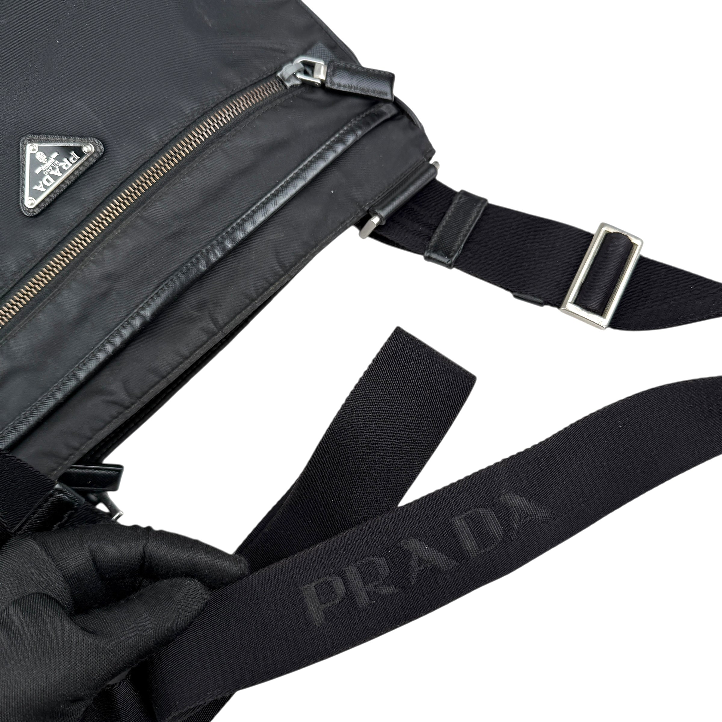 Pre-owned prada-milano-black-re-nylon-saffiano-leather-crossbody-shoulder-bag-front