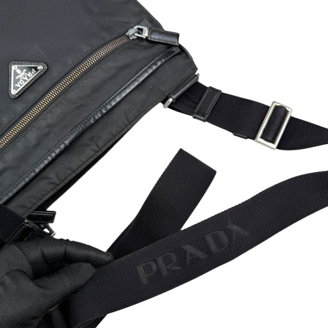 Pre-owned prada-milano-black-re-nylon-saffiano-leather-crossbody-shoulder-bag-front