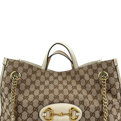Pre-owned gucci-brown-gg-canvas-horsebit-1955-tote-beige-front-view