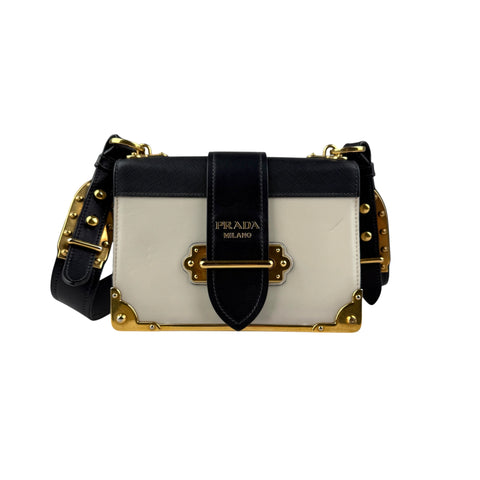 Prada City Calf And Saffiano Leather Cahier Crossbody Bag White/Black handbag