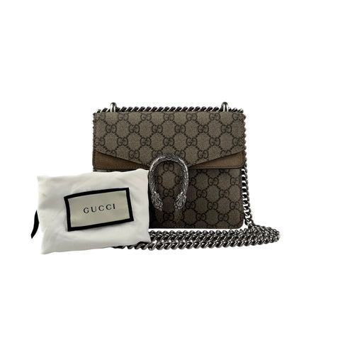 Pre-owned gucci-dionysus-shoulder-bag-gg-supreme-mini-brown-front back view