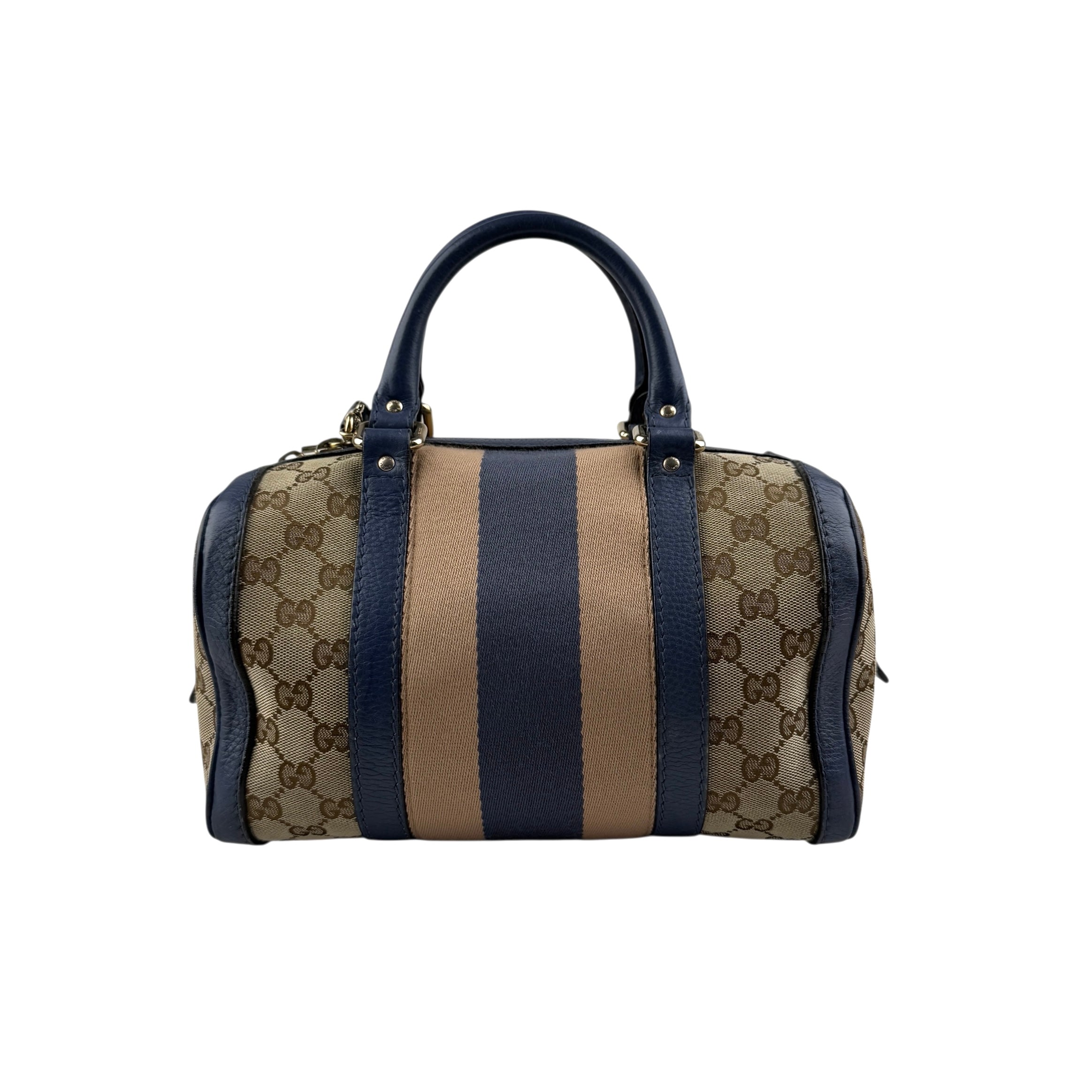 Pre-owned Gucci Monogram Vintage Web Medium Boston Blue bag back view