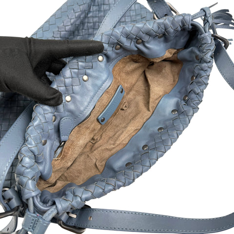 Pre-owned bottega veneta intrecciato blue leather shoulder bag front
