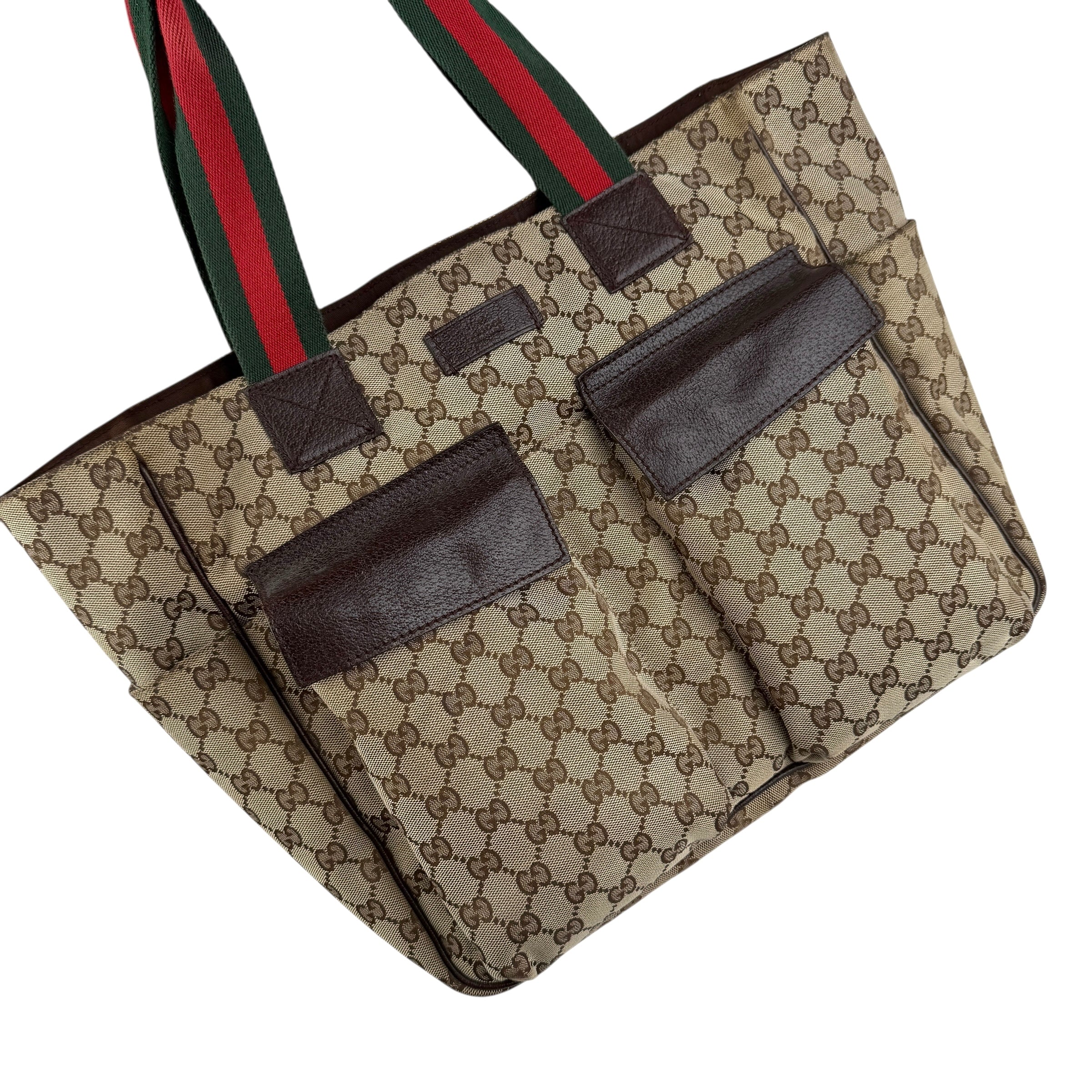 Pre-owned gucci-medium-pocket-tote-gg-canvas-bag-beige-ebony